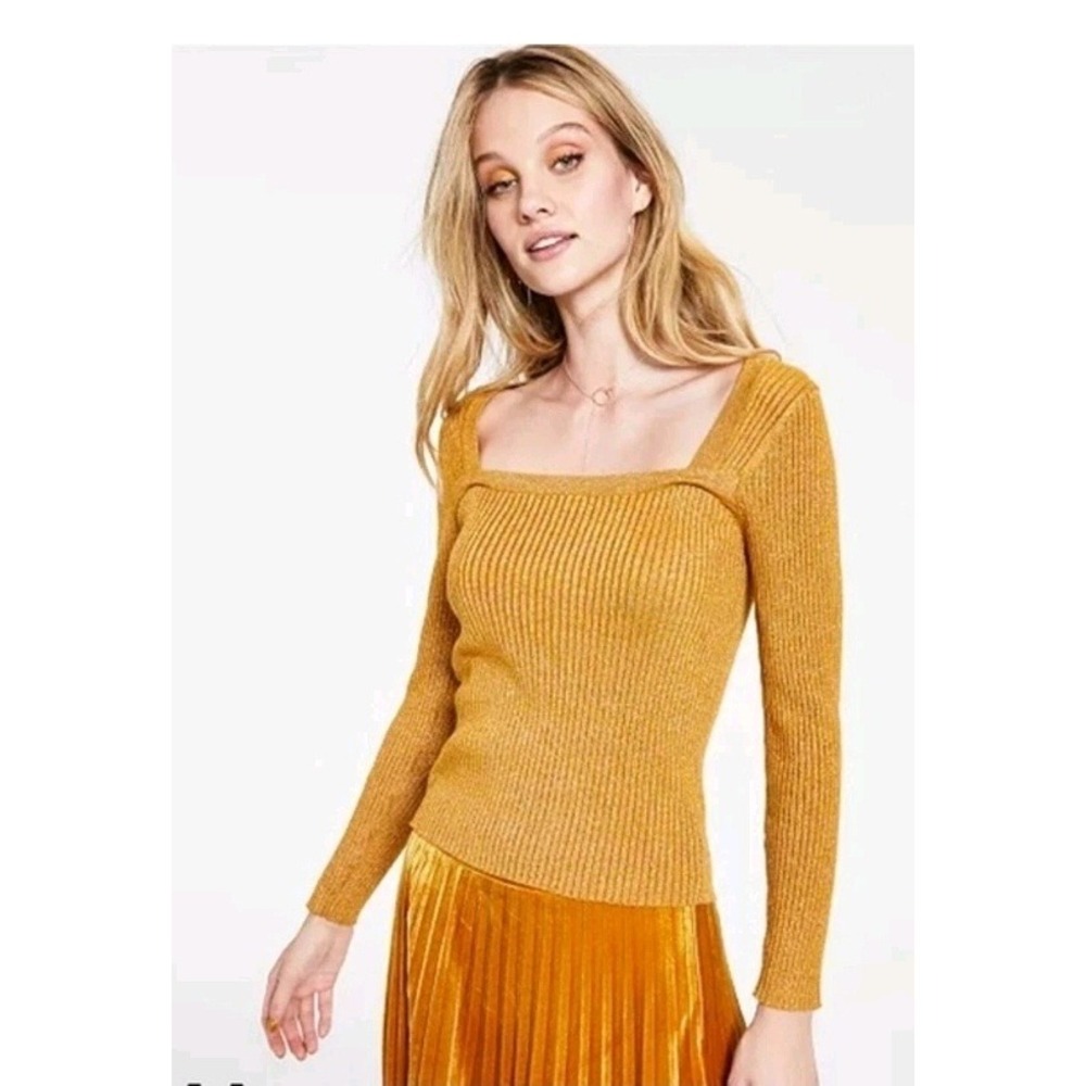 Lucy Paris Gold Metallic Ribbed Square Neck Long Sleeve Top Sweater